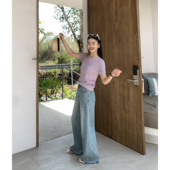 高腰复古宽松毛边拖地休闲长裤 pusumede蓝色直筒阔腿牛仔裤 女夏季