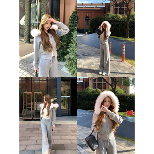 卫衣外套女舒适加绒休闲长裤 环保皮草毛领短款 暖冬格调 pusumede