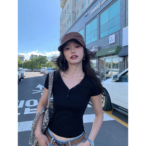 pusumede 身材魔法T 经典V领短袖T恤女修身收腰短款基础正肩上衣