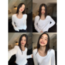 t恤女2025韩版 白色U领长袖 宽松百搭纯棉正肩上衣 基础款 pusumede