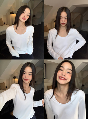 pusumede 基础款白色U领长袖t恤女2025韩版宽松百搭纯棉正肩上衣