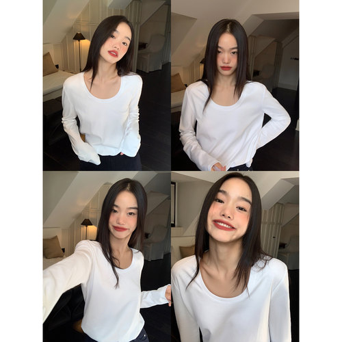 U领长袖t恤女正肩上衣