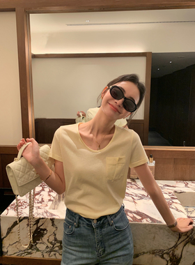 pusumede 头等舱级T 灰色短袖t恤女夏季针织V领宽松气质正肩上衣