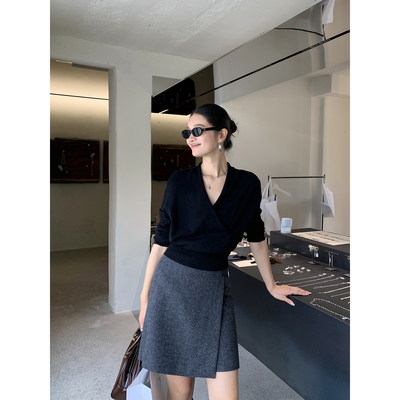 pusumede 绅雅从容 设计感羊毛混纺半身裙女款围裹式毛呢显瘦短裙