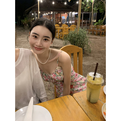 玫瑰碎花吊带连衣裙女度假长裙