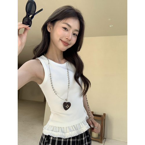 pusumede 时髦精 拼接木耳边白色吊带背心女夏外穿设计感别致上衣