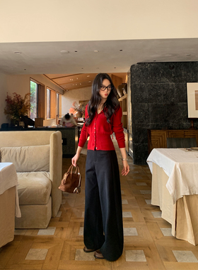 pusumede 无拘自我 宽松毛呢弯刀休闲裤女松弛感阔腿直筒香蕉裤