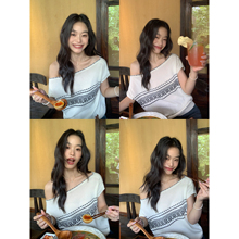 pusumede原创提花针织衫一字肩短袖女斜肩宽松设计感气质露肩上衣