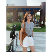 pusumede衣柜橱窗 T恤女设计感宽松休闲气质针织上衣 基础圆领短袖