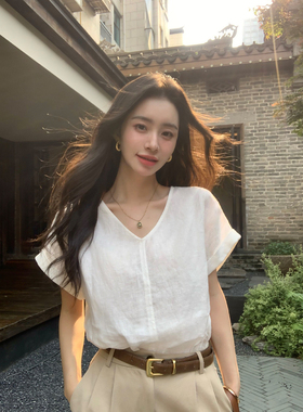 pusumede 轻薄纸感 1OO亚麻折边袖衬衫女极简v领小衫宽松短袖上衣