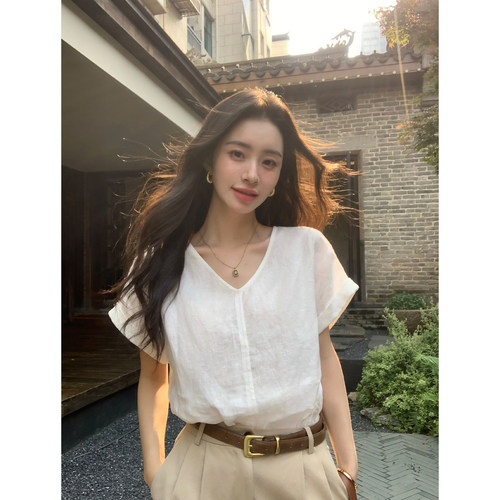 pusumede 轻薄纸感 1OO亚麻折边袖衬衫女极简v领小衫宽松短袖上衣