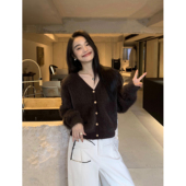 pusumede 上衣 宽松软糯仿貂毛针织衫 黑色V领毛衣开衫 外套女冬短款