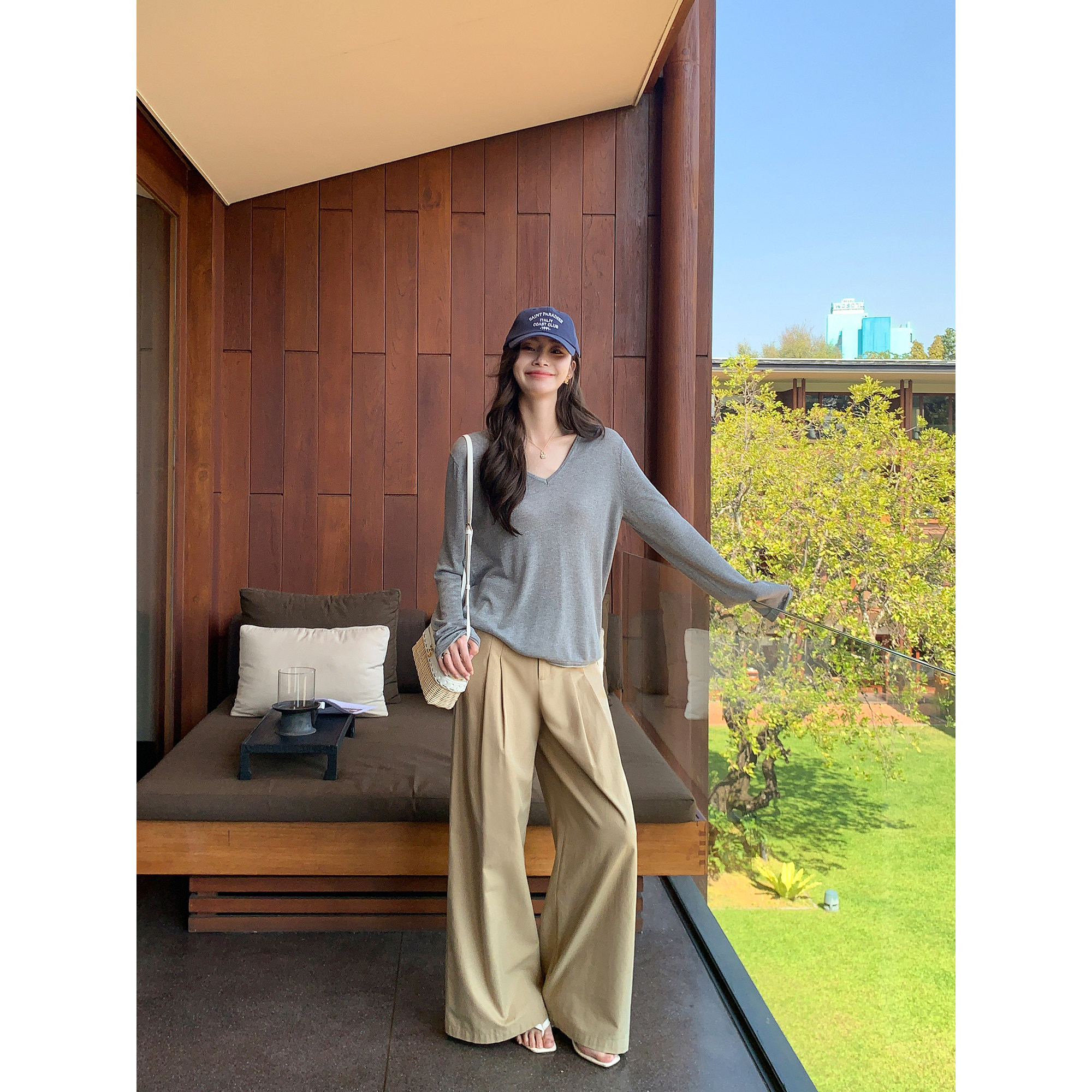 pusumede 松弛时刻 卡其色莱赛尔棉休闲阔腿裤女宽松通勤直筒长裤