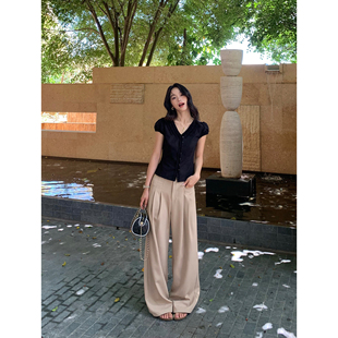 宽松直筒阔腿长裤 pusumede 裤 女夏设计感西装 黑色复古高腰休闲裤
