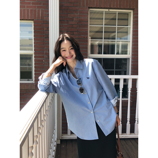 衬衫 翻领仿牛仔长袖 女刺绣休闲宽松外套上衣 蓝调拼图 pusumede