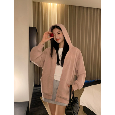 pusumede 抓绒连帽卫衣外套女秋冬休闲宽松慵懒长袖拉链开衫上衣