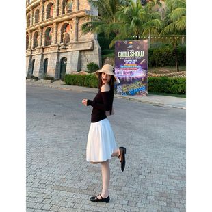 pusumede 白色高腰蓬蓬短裙女宽松氛围感系带A字半身裙 优雅灵动