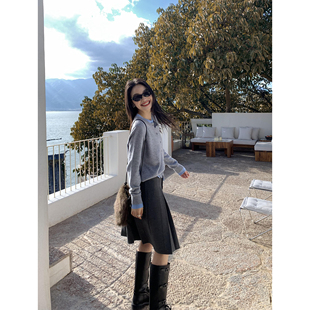 pusumede压褶半身裙女设计感小众中长款 a字裙高腰显瘦气质裙子