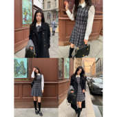 pusumede 现货5.5折 复古格子背心连衣裙女收腰短裙气质a字裙