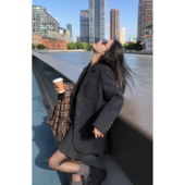 黑色毛呢西装 pusumede 现货7.5折 外套女气质复古宽松西服上衣