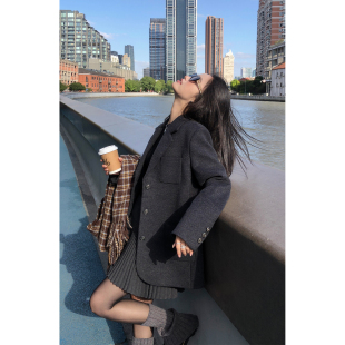 外套女气质复古宽松西服上衣 黑色毛呢西装 pusumede 现货7.5折