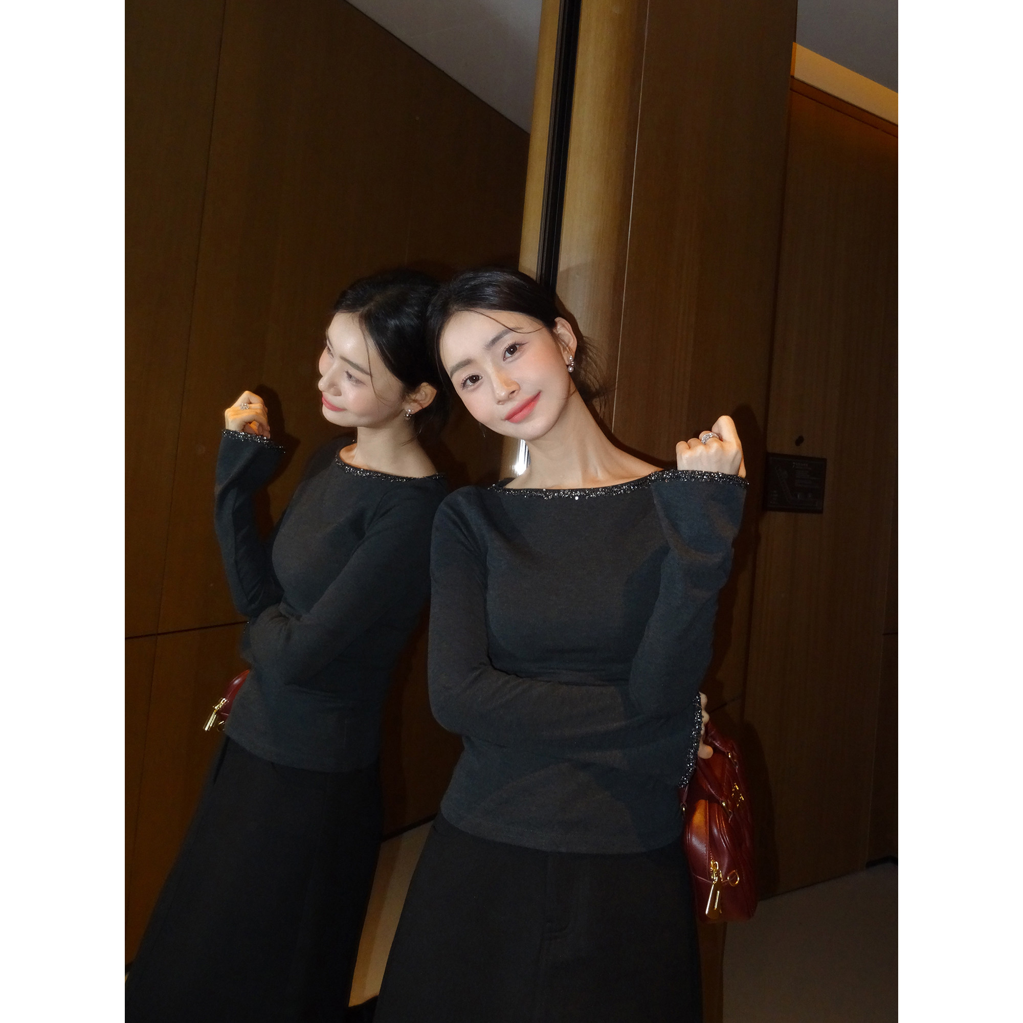 pusumede率性少女 气质船领长袖针织衫女亮片拼接修身打底T恤上衣