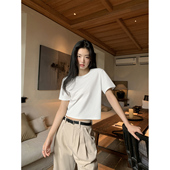 pusumede 宽松上衣 显瘦休闲短款 白色圆领正肩短袖 t恤女夏韩版