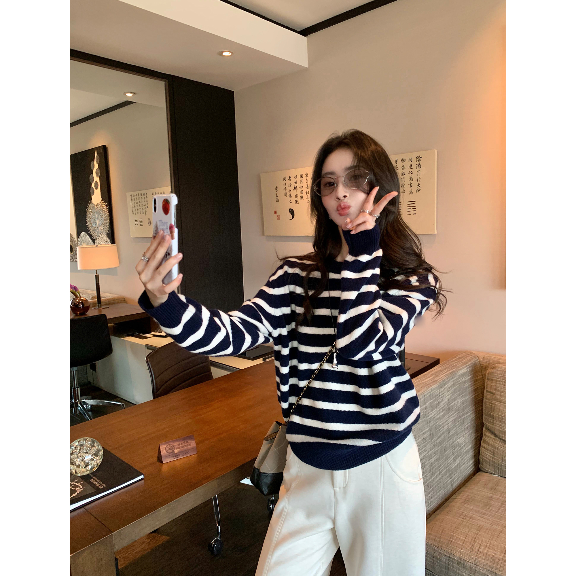 pusumede 璀璨星河 100%羊毛圆领条纹毛衣女宽松百搭针织衫上衣