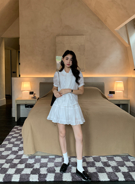 pusumede满满少女感|娃娃领木耳边短袖衬衫女半身裙蛋糕短裙套装