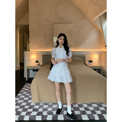 pusumede满满少女感|娃娃领木耳边短袖衬衫女半身裙蛋糕短裙套装