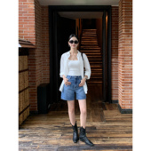 pusumede a字阔腿宽松显瘦休闲百搭热裤 高腰复古牛仔短裤 女秋季