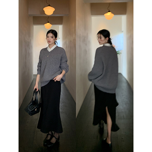 pusumede高腰毛呢半身裙女设计感后开叉中长款 裙子气质包臀鱼尾裙