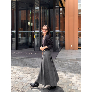 pusumede高腰压褶半身裙女秋冬设计感a字毛呢西装 百褶裙 裙中长款