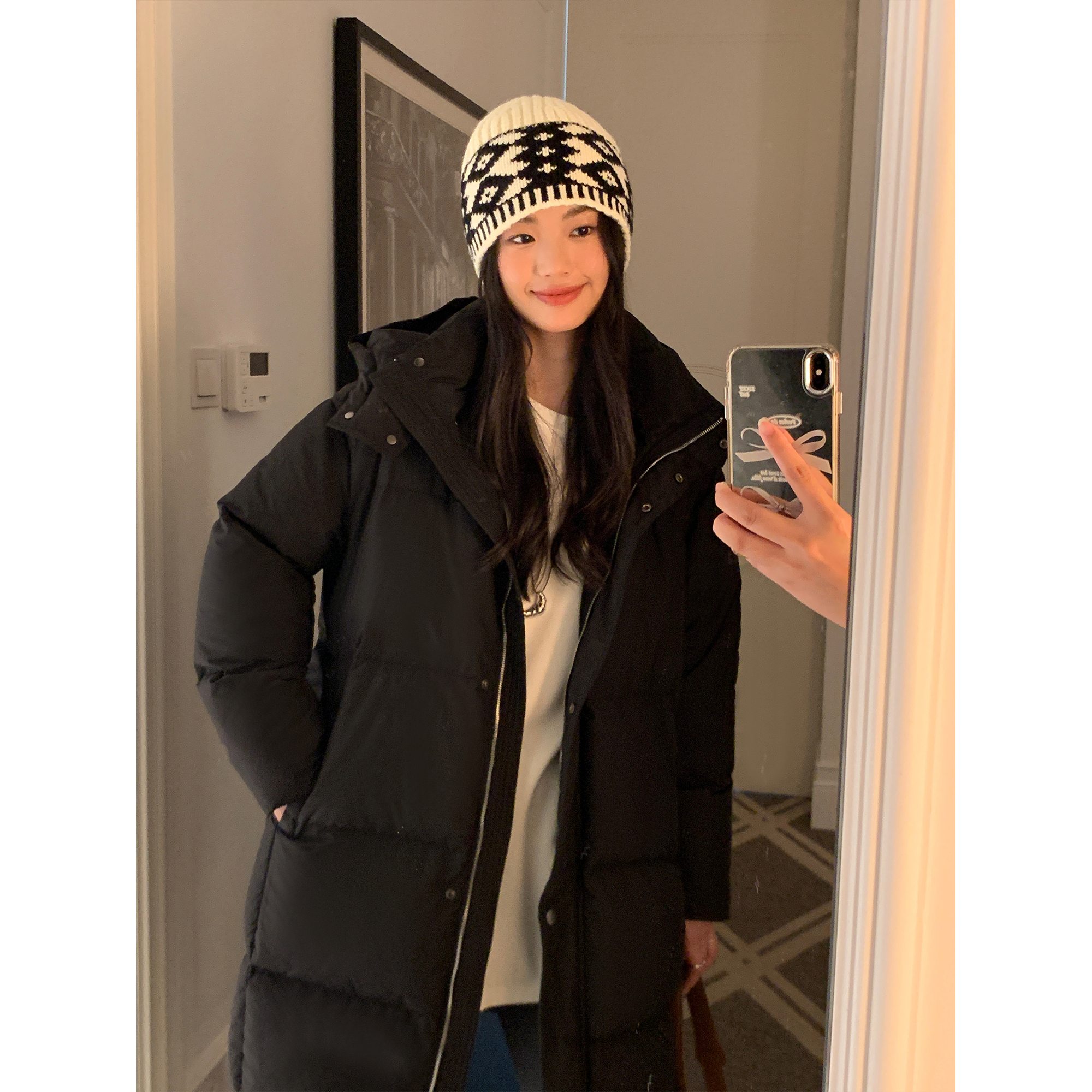 pusumede黑色连帽羽绒服女冬季白鸭绒宽松保暖小个子中长款外套
