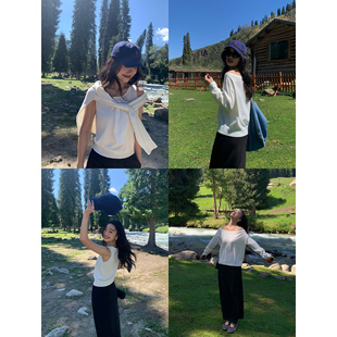 pusumede 里森画廊 一字肩上衣长袖宽松设计感露肩两件套针织衫女