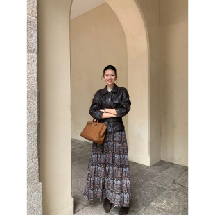 pusumede 高腰印花荷叶边半身裙女垂坠设计感中长裙 复古波嬉风