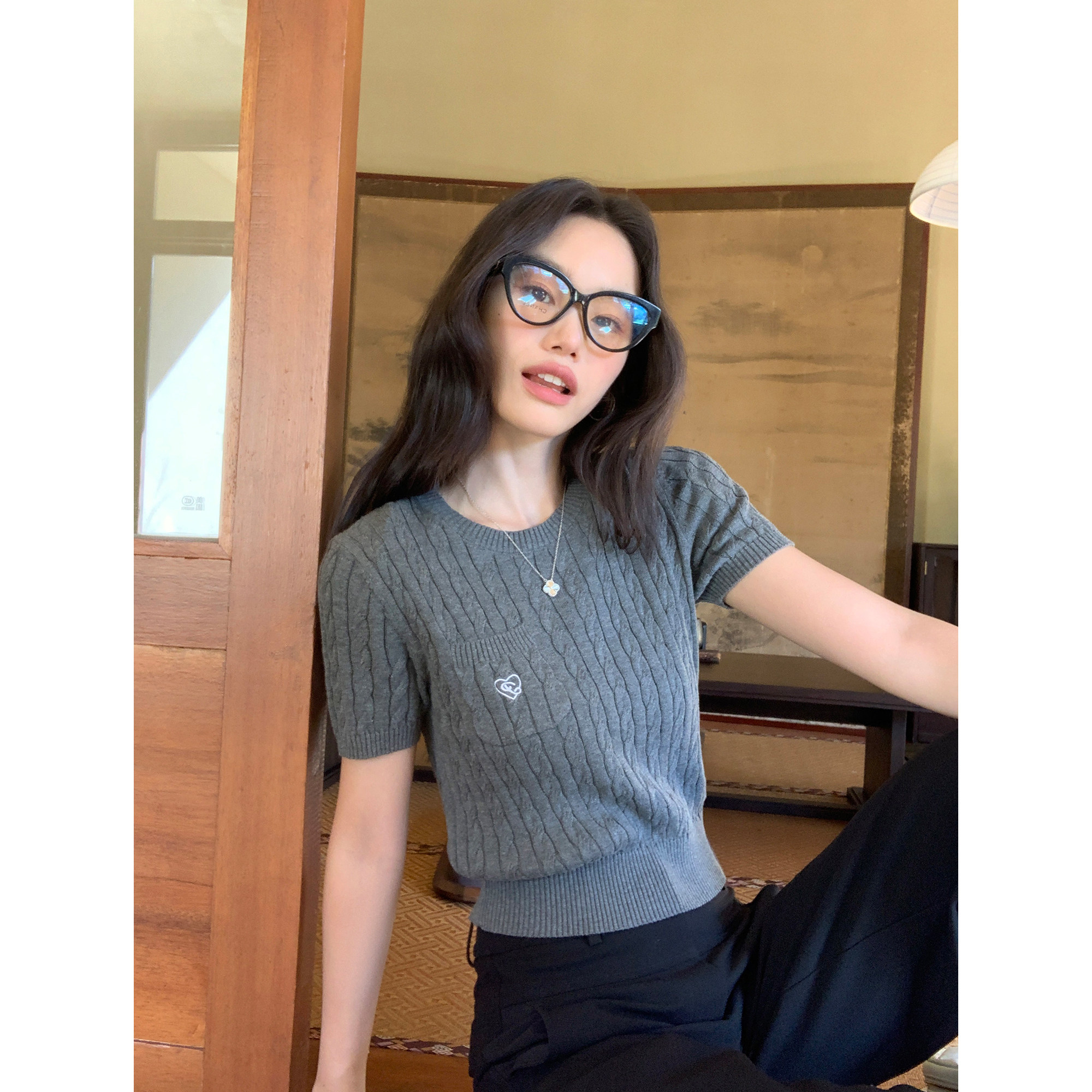 pusumede经典麻花系列 圆领短袖针织衫女口袋刺绣宽松气质t恤上衣