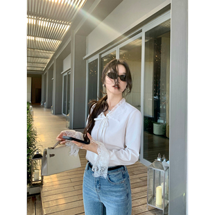 衬衫 pusumede 蕾丝拼接系带长袖 甜茶 女设计感温柔翻领上衣 法式