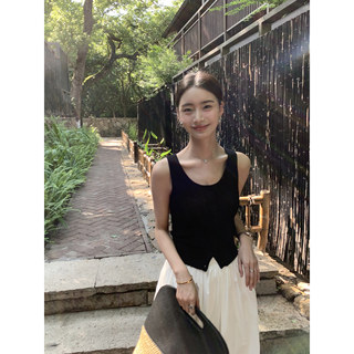 pusumede 黑色U领无袖针织吊带背心女夏季设计感修身短款开衫上衣