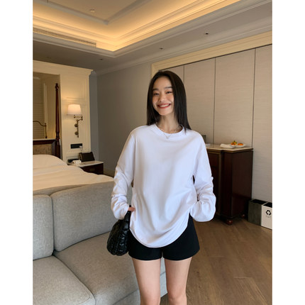 pusumede 白色基础款纯棉长袖T恤女内搭百搭圆领针织打底衫上衣