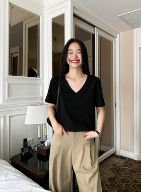 pusumede 经典黑色v领短袖t恤女夏季款韩版休闲百搭纯棉正肩上衣