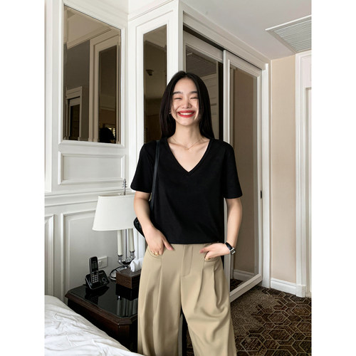 黑色正肩v领短袖t恤女夏上衣