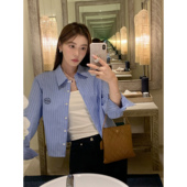 女设计感衬衣叠穿长袖 刺绣蓝色条纹衬衫 上衣 悸动代码 pusumede