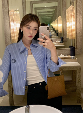 pusumede 悸动代码 刺绣蓝色条纹衬衫女设计感衬衣叠穿长袖上衣