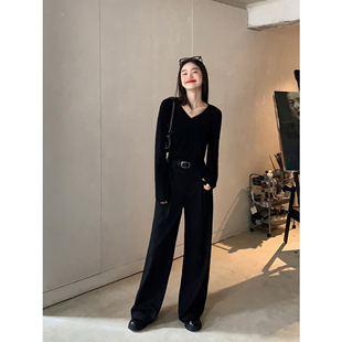 现货6折 宽松显瘦直筒拖地裤 黑色阔腿西装 女休闲裤 裤 pusumede