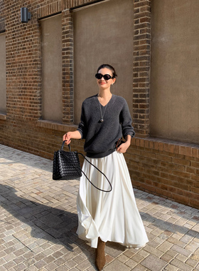 pusumede 月光舞曲 白色半身裙女高腰宽松大裙摆伞裙气质垂感长裙