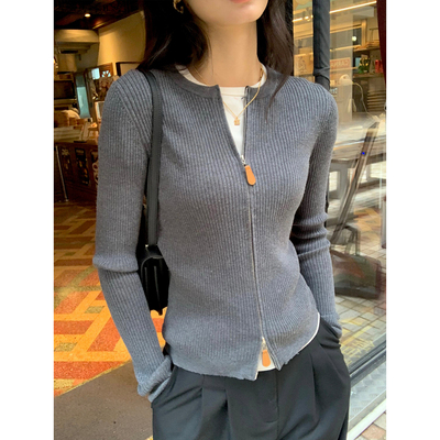 松弛老钱黑色双拉链圆领针织开衫