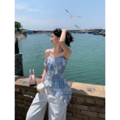 pusumede 不规则荷叶边吊带背心女夏外穿设计感小众印花无袖 上衣