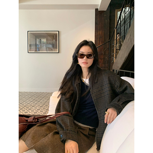 毛呢翻领格子外套女羊毛夹克上衣 复古回潮 pusumede 现货7折