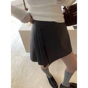 半身裙女通勤高腰A字百褶裙裤 不规则灰色西装 纽顿少女 pusumede